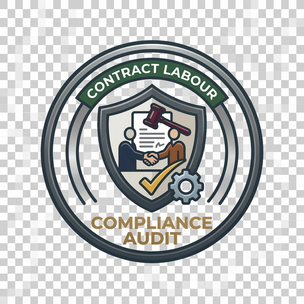 Contract labour compliance audit badge showing two figures shaking hands, a document, gavel, and checkmark