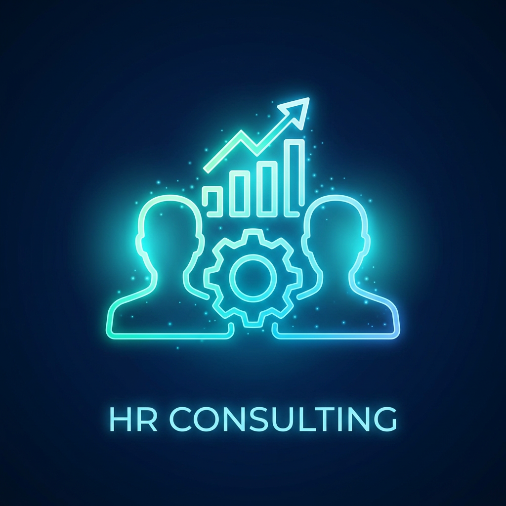 Neon style icon showing two people outlines, a gear, and an upward trending growth chart