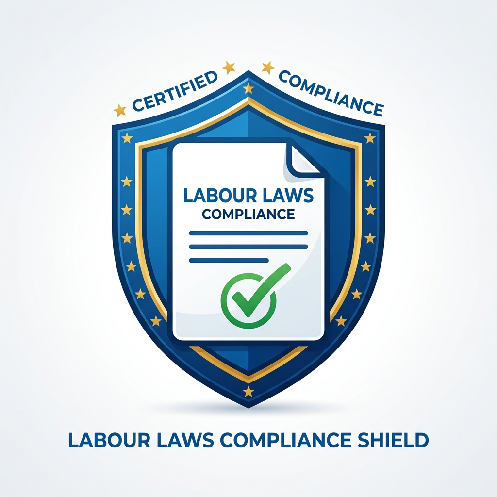 Shield with a document labeled Labour Laws Compliance and a green check mark