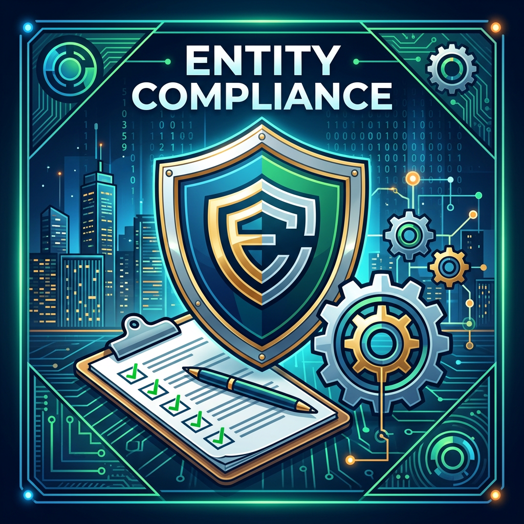 Shield with letter E, checklist with green checkmarks, gears, and cityscape background symbolizing entity compliance and security