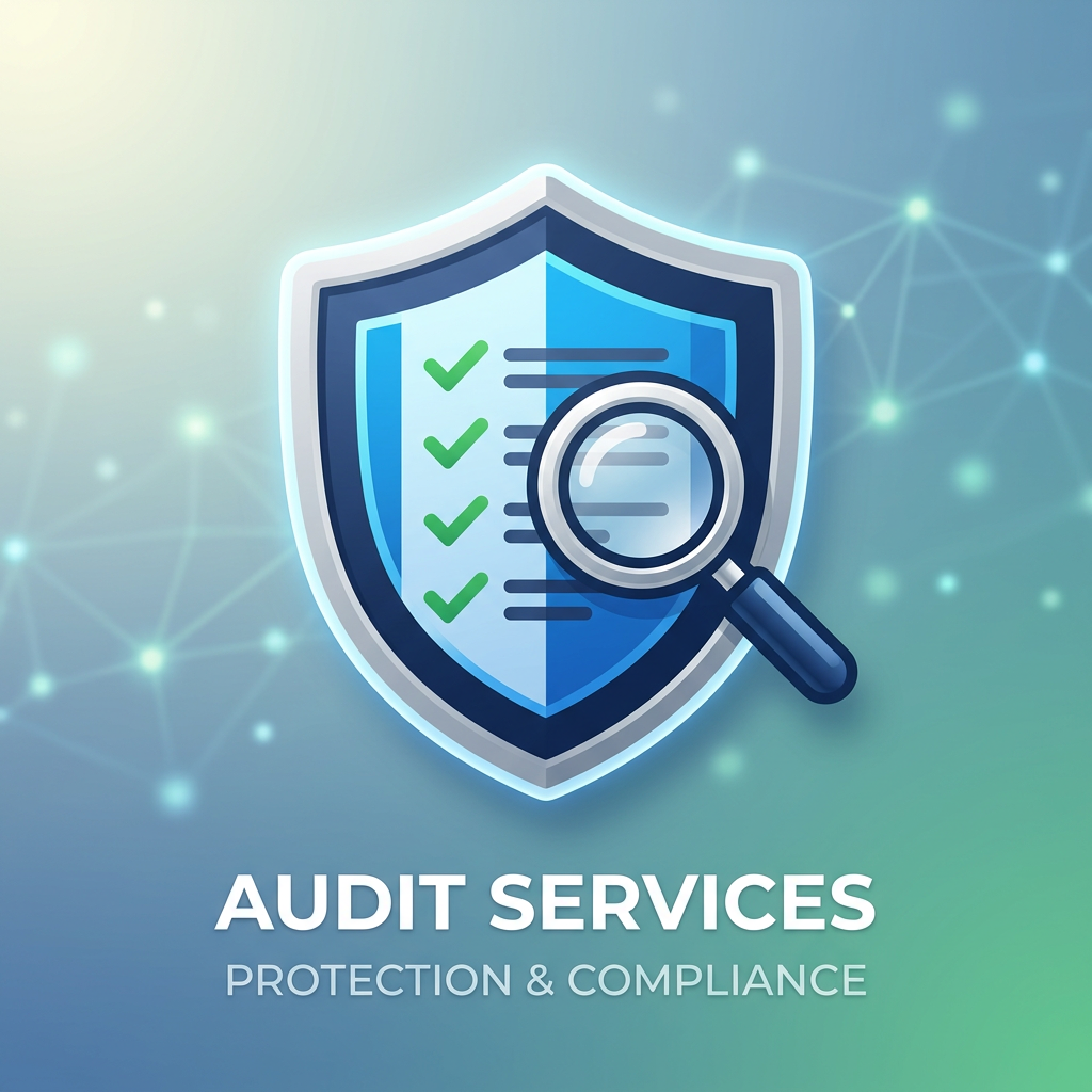 Shield with checklist and magnifying glass representing audit services